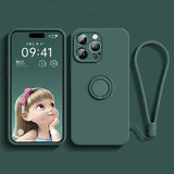 Liquid Silicone Case for  17 16 16E 15 13 Mini 14 12 11 Pro Max plus Phone Holder Ring Stand Protect Cover Wrist Strap