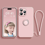 Liquid Silicone Case for  17 16 16E 15 13 Mini 14 12 11 Pro Max plus Phone Holder Ring Stand Protect Cover Wrist Strap