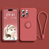 Liquid Silicone Case for  17 16 16E 15 13 Mini 14 12 11 Pro Max plus Phone Holder Ring Stand Protect Cover Wrist Strap