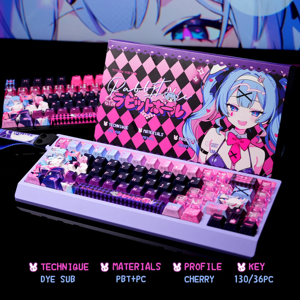 Cute Rabbit Hole Keycap Cherry Pbt Side-Engraved Translucent Pbt Hole Rabbit Black Pink 2.25/2.75U Space Alice Iso Layout Keycap
