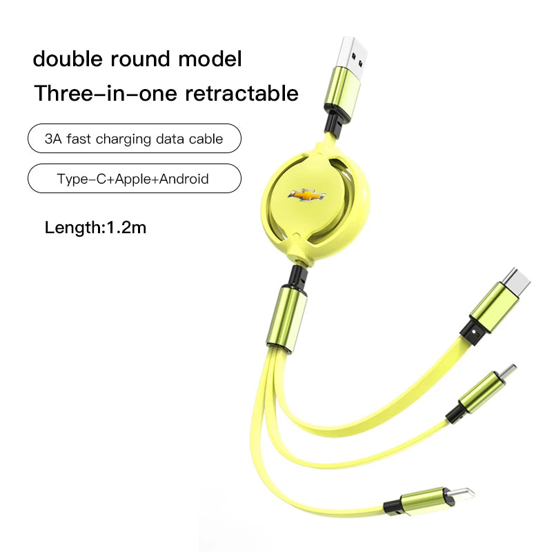Retractable Data Cable 3 in 1 Fast Charging Accessories for  Cruze Sonic Silverado Trax Camaro Captiva Equinox Malibu