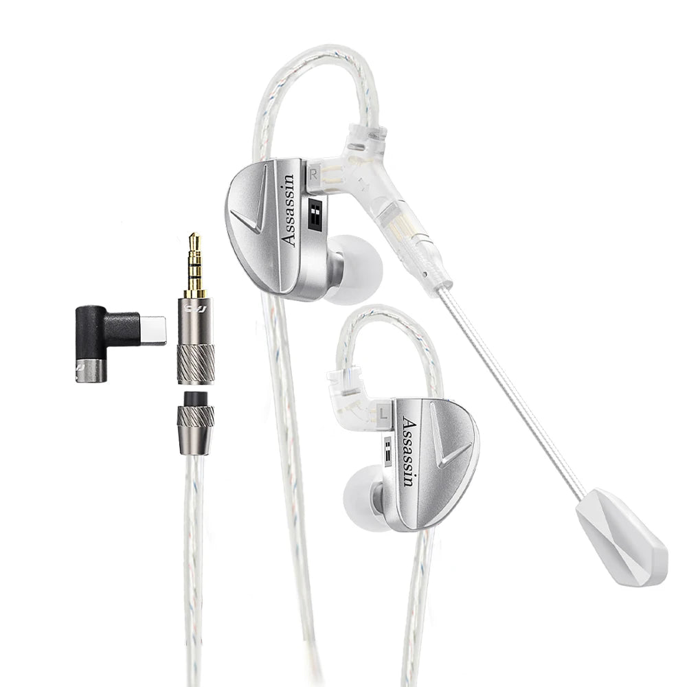 Assassin Silver in Ear Earphones 1Ba+1Dd+1Vibrate Game Mode HIFI Microphone Hybrid Tuning Switch Wired Earbuds IEM Headphone