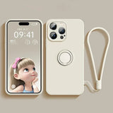 Liquid Silicone Case for  17 16 16E 15 13 Mini 14 12 11 Pro Max plus Phone Holder Ring Stand Protect Cover Wrist Strap