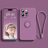 Liquid Silicone Case for  17 16 16E 15 13 Mini 14 12 11 Pro Max plus Phone Holder Ring Stand Protect Cover Wrist Strap