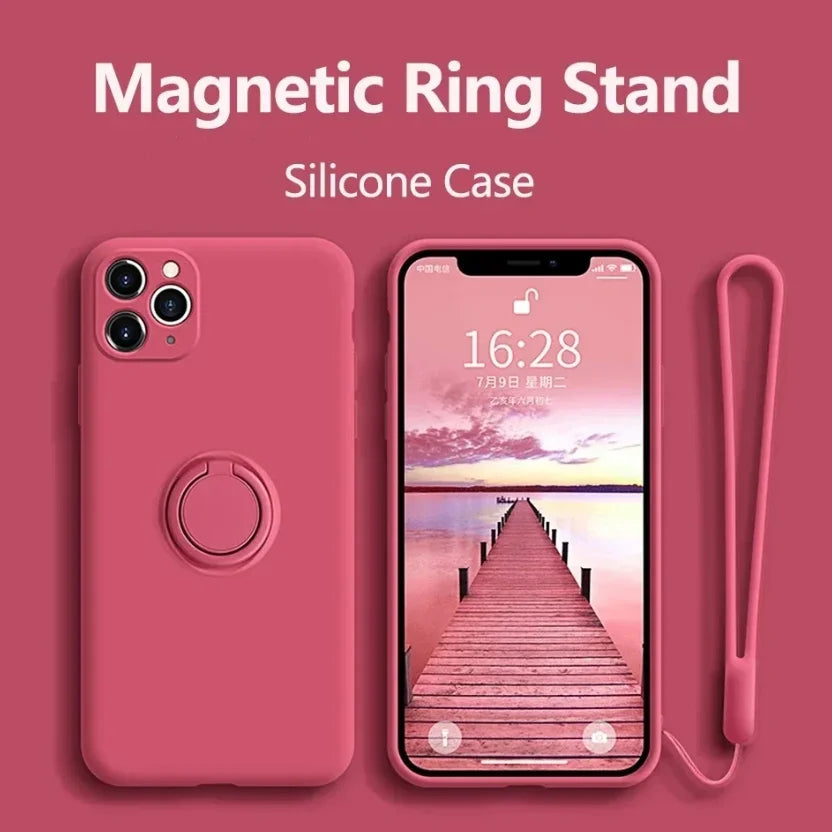 Liquid Silicone Case for  17 16 16E 15 13 Mini 14 12 11 Pro Max plus Phone Holder Ring Stand Protect Cover Wrist Strap
