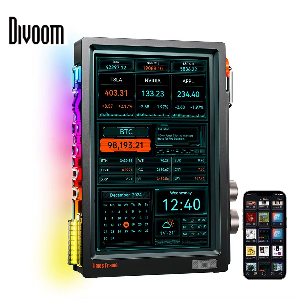 Times Frame Smart HD Screen | 10.1" DIY Digital Clock | Crypto Stocks Weather Calendar | Tech Gift Desk Setup